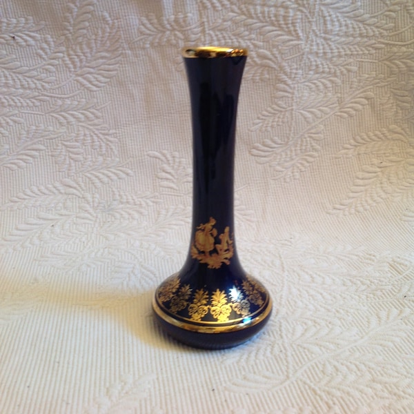 LIMOGES FRANCE Cobalt Blue & Gold Bud Vase Decorative Fragonard Courtship