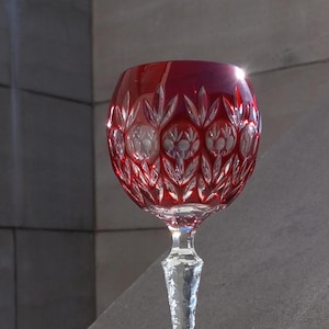 Ajka Crystal Hock / Wine Glass Ruby Red Florderis Cut-to Clear