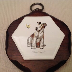EDWIN MEGARGEE Curious Fox Terrier Tile on Wooden Wall Plate