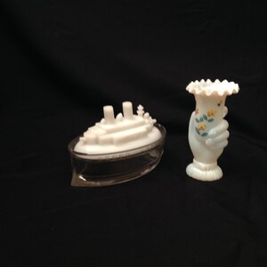 Two (2) EAPG Victorian Milk Glass Objects, The Flaccus Olympia Mustard and Freedom Hand
