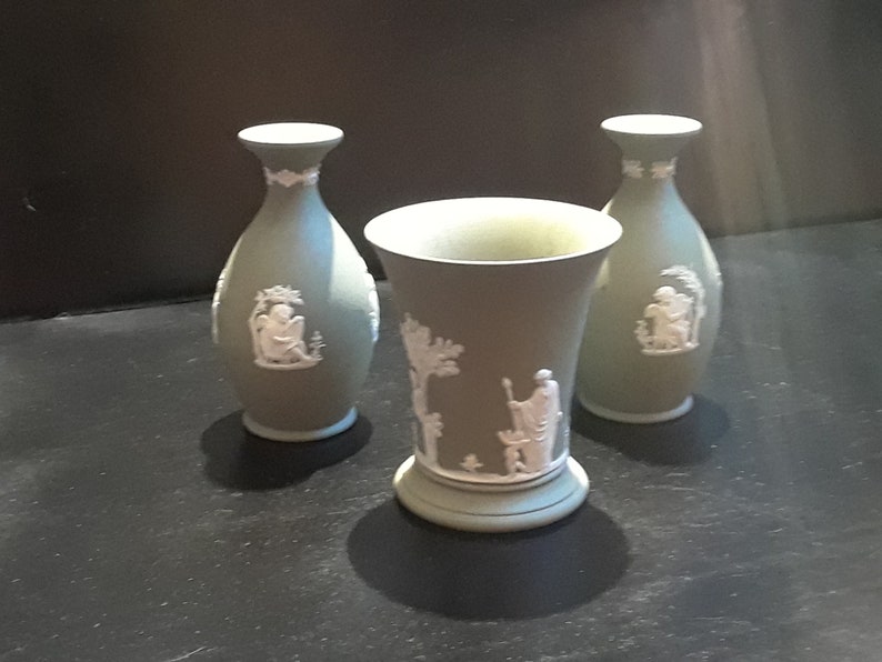 Three WEDGWOOD Sage Green Jasperware Bud Vases 3