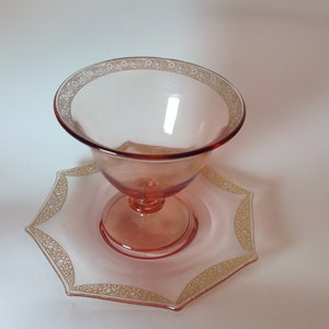Tiffin Pink + Gold Trim Footed Bowl and Octagonal Draped Underplate