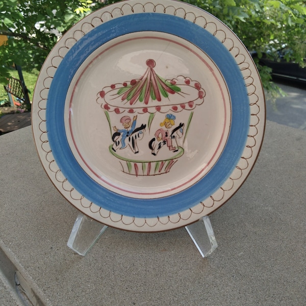 MCM Stangl Pottery Kiddie Ware 5019 Blue Carousel Plate 9.25"