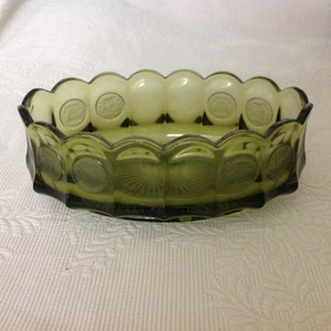 Fostoria Glass Co. MCM Oval Bowl Frosted Coin Glass Olive Green