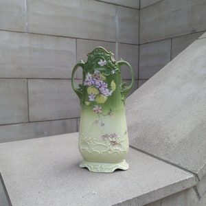 Nippon Art Nouveau Era VASE Handled Violets & Shells 10.5&quot;