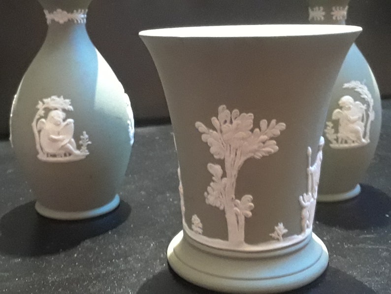 Three WEDGWOOD Sage Green Jasperware Bud Vases 3