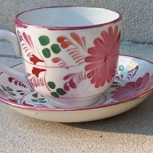 Antique Pink Lustreware Soft Paste Cup & Saucer Stickware Dahlia Decoration