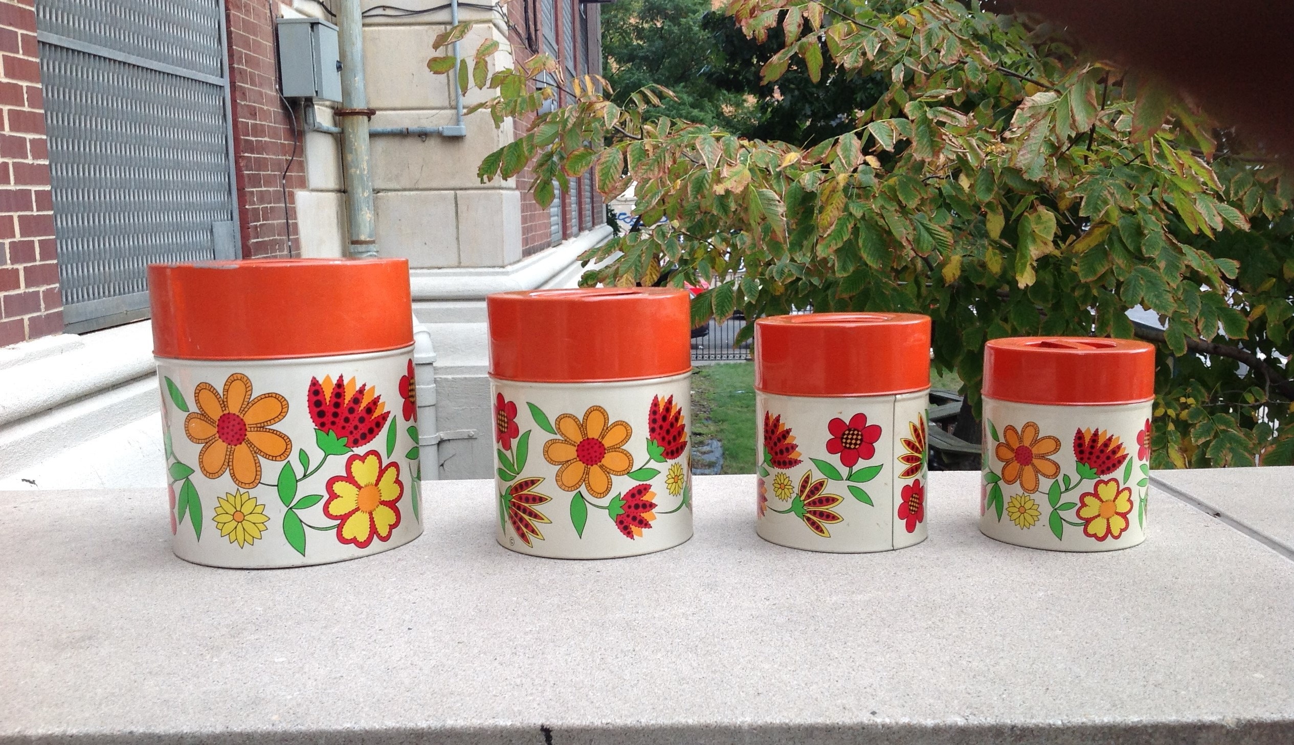 Set Of Vintage 70s Rubbermaid Flower Power Canisters 4 MCM Orange