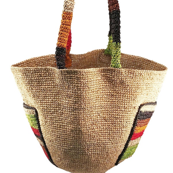 Crocheted raffia Tote/Straw bag with  pockets/eco friendly bucket bag