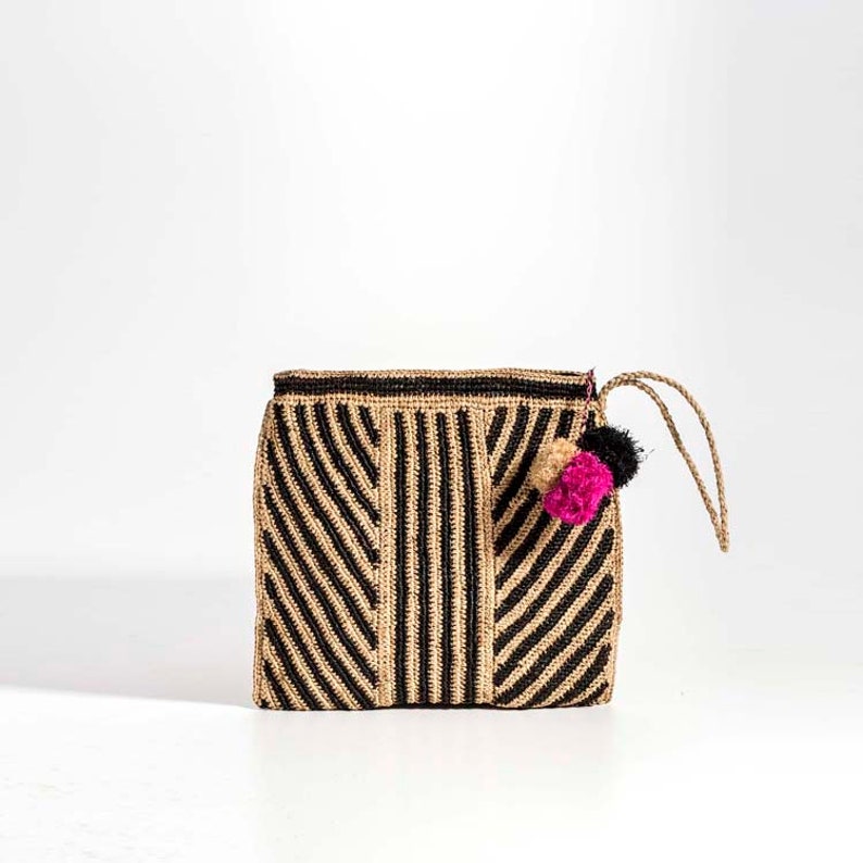 black pompom clutchraffia clutchblack raffia clutchRaffia Straw bagstraw raffia bag-clutch purse image 1