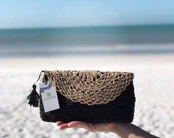 Raffia straw clutch, black straw clutch, black natural clutch, black raffia purse