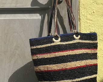 Raffia market bag , Raffia beach tote, Striped straw tote, Crocheted raffia bag