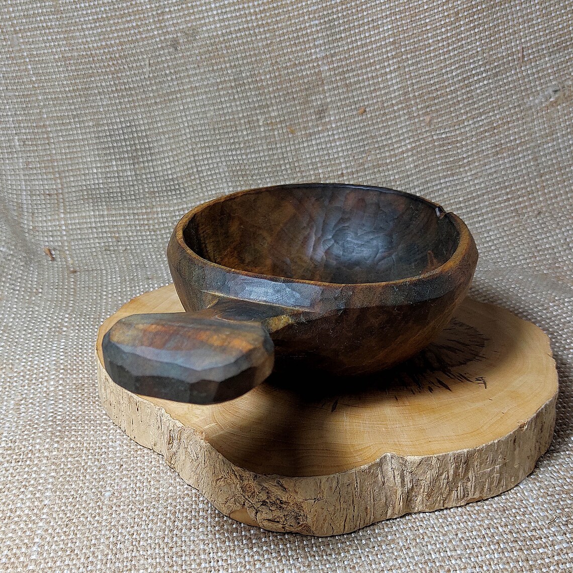Hand carved primitive wooden bowl with handle Wood serving Etsy