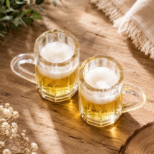 Könnte beinhalten: Zwei Miniatur-Bierkrüge aus Glas mit dicken, facettierten Wänden und stabilen Henkeln. Jeder Krug ist mit einer goldgelben Flüssigkeit gefüllt, die von einer dicken weißen Schaumkrone bedeckt ist und einem klassischen Bierkrug ähnelt.