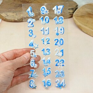 Adventskalender Zahlen Aufkleber 1–24 | Softy Stickerbogen 3D, Winter Weihnachten – 24 Stück, ca. 17x9cm für DIY Kalender