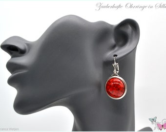 Large earrings vintage style red marbled glass silver round 18 mm glass stone earrings Art Deco simple