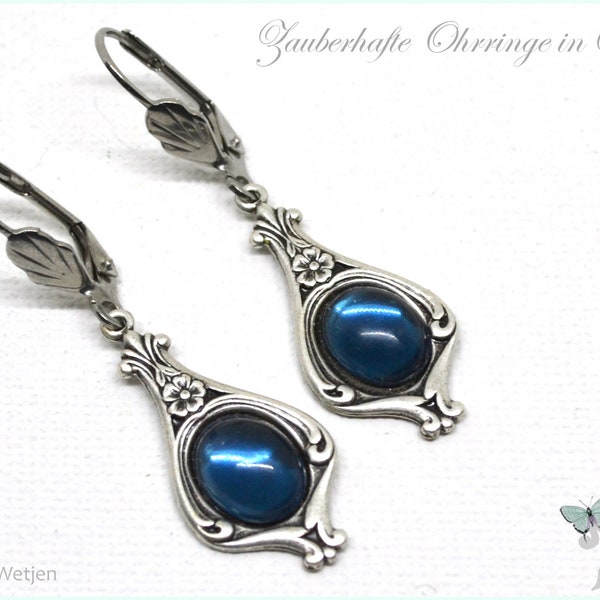 Elegant vintage style silver earrings dark blue navy blue oval earrings Art Nouveau Art Deco stainless steel festive wedding lockable