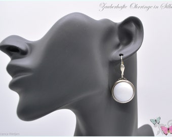 Round earrings vintage style white glass silver large 18 mm glass stone earrings Art Deco simple