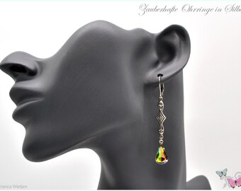 Silver earrings vintage look glass drops rainbow metallic glass drops glass drop earrings faceted long