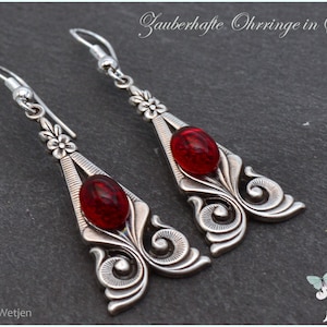 Silber Silberohrringe Ohrhänger Vintage Style Glas Cabochon rot siamrot oval Ohrringe klar Art Deco Jugendstil opulent Glascabochon gothic