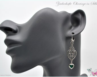Elegant silver heart earrings glass vintage style green earrings heart pendant Art Deco Art Nouveau festive glass stainless steel