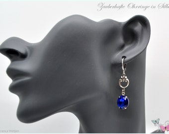 Boucles d'oreilles en argent de style vintage en verre bleu royal boucles d'oreilles ovales en acier inoxydable verrouillables Art déco - les crochets d'oreille peuvent être sélectionnés individuellement