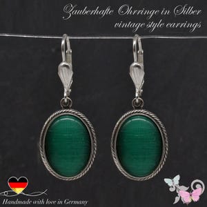 Earrings green oval vintage style glass silver dark green cateye opaque earrings Art Nouveau Art Deco nostalgia large simple