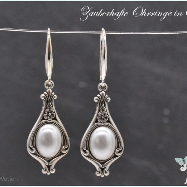 Noble vintage style silver earrings cream white white chandelier oval earrings Art Nouveau Art Deco nostalgia festive wedding festive noble