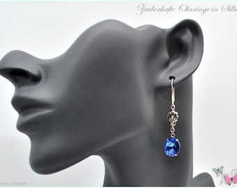 Long vintage style silver dangle earrings glass cabochon montana blue navy darkblue oval victorian nostalgia  XXL filigree leverback
