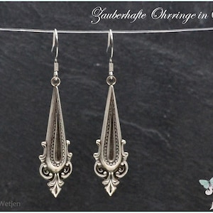 Long drop earrings silver plated vintage style Victorian Art Nouveau lockable stainless steel earrings