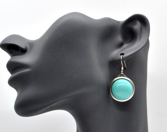 Round earrings retro turquoise opaque glass silver large 18 mm glass stone earrings vintage style simple