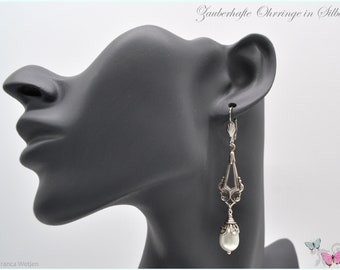 Opulent long silver earrings pearl earrings white cream glass wax pearl vintage style