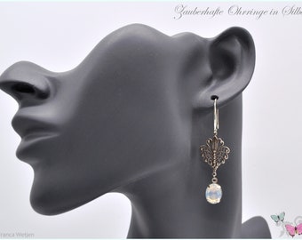 Vintage style earrings glass cabochon opal white milky silver drop earrings Art Deco festive Edwardian