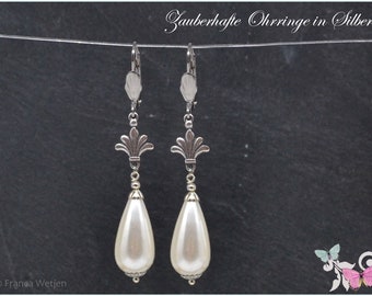 Vintage style earrings drop tear glass wax pearl white cream silver style wedding lockable stainless steel earrings