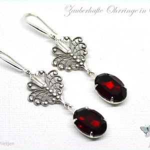 Sparkling silver vintage style earrings silver red garnet oval lockable earrings stainless steel lockable Art Nouveau Art Deco