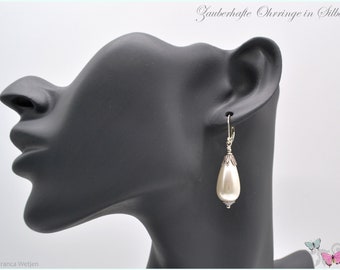 Pearl earrings silver vintage style earrings drop tear glass wax pearl white cream style earrings wedding lockable stainless steel