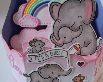 Pop-up bzw. Springgrußkarte zur Geburt mit Elefanten