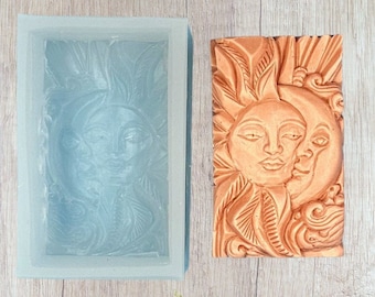 MOON SUN SILICONE mold for soap making, candle, chocolate, baking, resing casting and other crafts. Flexible and detailed. Heavy duty.
