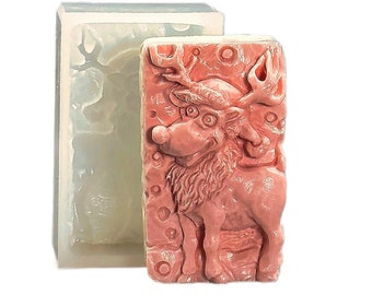 REINDEER SILICONE MOLD flexible for soap making, clay, wax, plaster, 5 oz,  winter Christmas Rudolph, food grade version avaiable