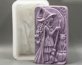 WITCH SILICONE MOLD, soap bar mould 5,5oz   resin plaster chocolate wax icing sturdy detailed