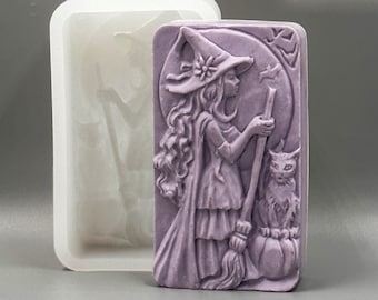 WITCH SILICONE MOLD, soap bar mould 5,5oz   resin plaster chocolate wax icing sturdy detailed