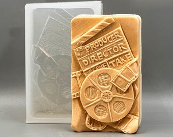 CINEMA THEME MOLD soap bar mould 5oz   resin plaster chocolate wax icing cinema tape projector screen movie camera hollywood