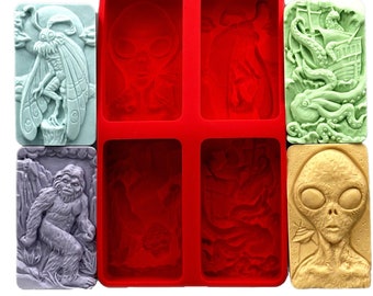 SOAP SILICONE MOLD set of 4 designs: Yeti, Kraken, Mothmen, Alien candle, wax, resin, plaster, clay, chocolate Bigfoot