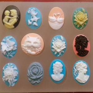 Swan Butterfly Lady Rose Mouse Mother Cat silicon mold cameo 25x15mm set of 12 polymer clay fimo resin plaster sugarcraft icing chocolate