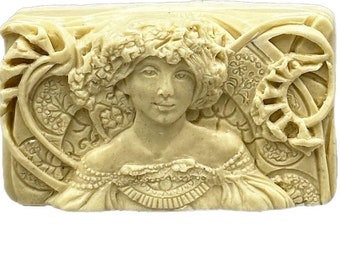 LADY SILICONE MOLD soap bar mould Art Nouveau  ornament 5,5oz   resin plaster chocolate wax icing