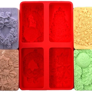 KERST SILICONEN SCHIMMEL set van 4, voor het maken van zeep, was, kaars, polymeerklei, gips, gips, chocolade, kerstbal, krans, sneeuwvlok, boom