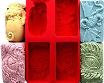 DRAGON SILICONE MOLD set of 4 desings for soap making, wax, candle, polymer clay, gypsum, plaster, chocolate, eye, welsch dragon, egg