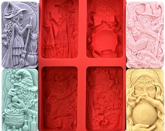 MAGICAL SILICONE MOLD set of 4, for soap, wax, candle, polymer clay, gypsum, plaster, chocolate, witch, alchemist, wizard, fortune teller