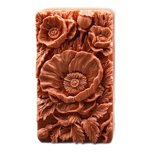 May include: A rectangular silicone mold with a detailed design of red poppy flowers. The mold is perfect for creating decorative soap bars or other crafts.