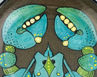 Stylized Blue Green Lobster Hand-painted Plate, Art Plate, Coastal, Beach House Art